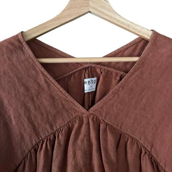 Esby Poe Top 100% Linen Size XS Rust V Neck Blouse Flowy Drapey Short Sleeve - Picture 4 of 8